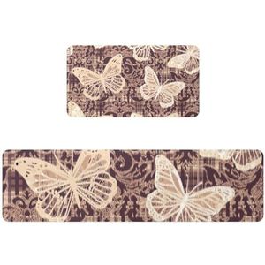 VAPOKF 2 stuks keukenmat vlinder op damast patroon, antislip wasbaar vloertapijt, absorberende keukenmat loper tapijt voor keuken, hal, wasruimte