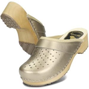 BeComfy Dames Leren Klompen Houten Schoenen met Houten Zool Metallic Goud Zilver Roze 35 36 37 38 39 40 41 EU (Champagne, EU-systeem voor schoenmaten, Volwassene, Numeriek, Breed, 40)