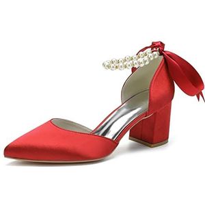Dames Mid Chunky Blokhakken Trouwjurk Schoenen Parels Enkelbandje Bruidspumps Puntige neus Avondfeest Sandalen,Rood,36 EU