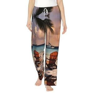 Strand Palm Boom Stoelen Boten Print Flanel Pyjama Broek Met Zakken Warm Slaap Lounge Broek Pyjama Pj Bottoms Nachtkleding, Zwart, S