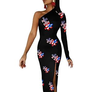 Amerikaanse en Puerto Rico vlag puzzel vrouwen halve mouw jurk avondfeest lange jurken cocktail split bodycon jurk M