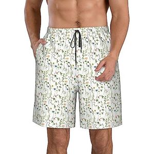 JIAWUJYNB Seizoen aquarel van kruiden bloemenprint strandshorts voor heren - lichtgewicht, sneldrogende zwembroek met trekkoord en zakken, Wit, S