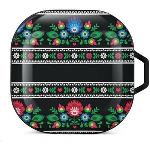 Poolse volkskunst patroon met bloemen oordopjes hoesje compatibel met Samsung hard shell beschermhoes zwart-stijl