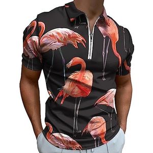 Roze flamingo poloshirt voor heren, casual T-shirts met ritssluiting en kraag, golftops, slim fit