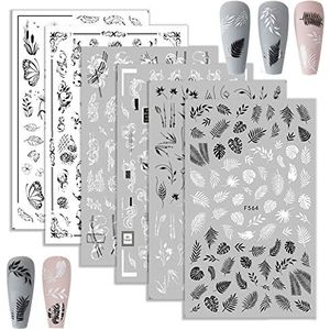 6 vellen nagelstickers, zelfklevend, bloemen, zwart, wit, bladeren, geschenken, voor doe-het-zelf nageldecoratie