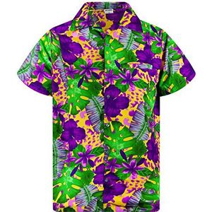 King Kameha Funky Hawaïhemd met korte mouwen, groene bladeren en paarse bloemen, Greenleaves-oranje geelachtig, L