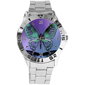 Blauwe Vlinder Vliegontwerp Analoog Polshorloge Quartz Zilveren Wijzerplaat Klassieke Roestvrij Stalen Band Dames Heren Horloge