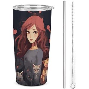 20 oz roestvrij staal dubbelwandige vacuüm geïsoleerde autobeker een meisje dat van katten houdt geïsoleerde beker met handvat vacuüm waterfles lekvrije reismok voor buiten woon-werkverkeer