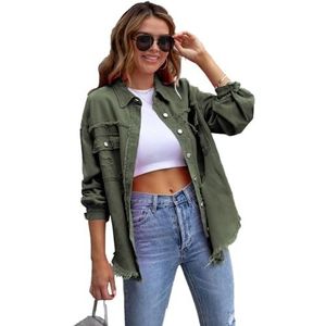 Denim Jackets for Women, Loose Long Sleeve Denim Jacket with Fashionable Ripped Casual Basic Denim Jacket with Long Casual Wash (Color : Green2, Size : L)
