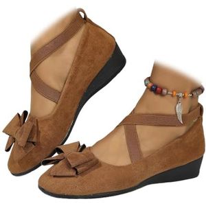 Comfortabele elastische gekruiste bandjes voor dames, instappers, ballerina's voor dames, elastische kruisband, ronde teen, comfortabele pomp, Bruine strik, 35.5 EU