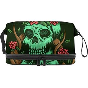 Grote capaciteit reizen cosmetische tas,Make-up tas,Waterdichte make-up tas Organizer, Schedel Rozen, Meerkleurig, 27x15x14 cm/10.6x5.9x5.5 in