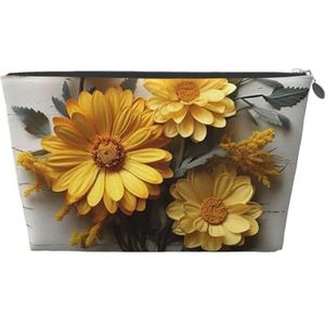 HCBPWVQA Lederen make-up tas voor vrouwen reizen toilettas plat leggen gele bloemen cosmetische tas grote make-up zakje met rits, Zilver, Eén maat