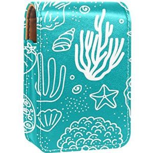 Witte handgetekende koraal schelp zeester blauw water lipgloss houder lippenstift case draagbare make-up tas reizen lippenstift organizer case met spiegel mini lippenstift opbergdoos voor vrouwen