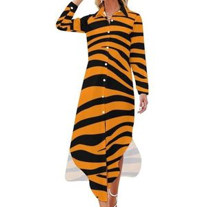 Tiger Stripes Lange Mouw Maxi Shirt Jurken voor Vrouwen Casual V-hals Knoop Blouses L