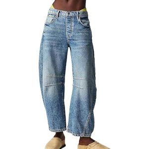 Casual ballonbroek for dames wijde pijpen middentaille bijgesneden denimbroek Y2K losse baggy jeans met zakken (Color : Blue, Size : XL)