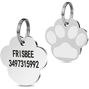 Huisdier-ID-tags, gepersonaliseerde hondenlabels kattenlabels in poot-kattengezichten gegraveerde huisdiernaam en telefoonnummer (zilver-pootvorm)