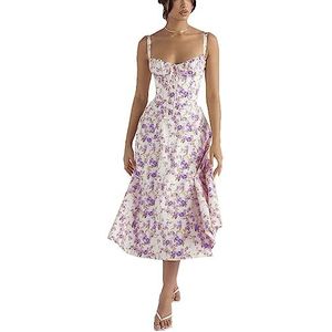 Midi-jurk met korset for dames, zomer boho mouwloze vierkante hals zwierige print split lace up getailleerde sprookjesjurk (Color : Purple flowers, Size : XX-Large)