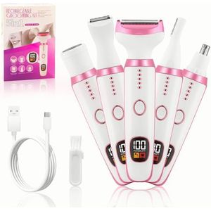 NXPZ Dames Ontharingsapparaat, 5-in-1 Dames Ontharingsapparaat, Pijnloos Intiem Ontharingsapparaat voor Vrouwen, voor Bikini, Oksels, Benen, Wenkbrauwen en Neus, met LED-Scherm, USB-Oplading