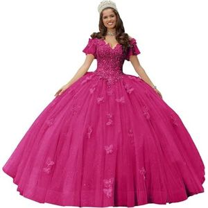 Fuomomo Quinceanera MT052 Jurk met vlinderapplicaties van kant, 3D, glanzend, baljurk, schoudervrij, voor snoep, 15 en 16, verjaardagsjurk van tule, bright pink, 36