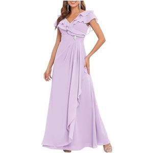 HPPEE Lange Moeder van de Bruid Jurken voor Vrouwen Ruches Cape Mouwen Chiffon Formele Bruiloft Gast Jurk, Lila, 56 NL/Plus