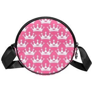 Messenger Bag Roze Girly Princess Royalty Crown Crossbody Tas voor Vrouwen Rond, Meerkleurig, 6.7x6.7x2.3 in, Sling Rugzakken