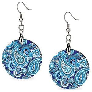 Paisley blauwe print patroon mode schattige oorbellen grappig geschilderd houten sieraden geschenken voor vrouwen één maat