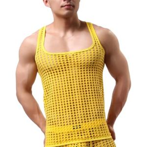 Mens See-Through Fishnet Sleeveless Muscle Slim Fitness Vest Tank Top Clubwear Lingerie Undershirt (Size:XL,Color:Geel)