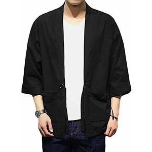 PRIJOUHE Heren Kimono Jassen Vest Casual Katoen Blends Linnen Zeven Mouw Open Voorkant Borduurjas, Zwart 707, L