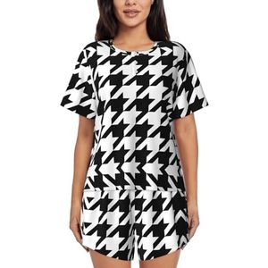 Pied-de-poule zwarte print dames zomer zachte tweedelige bijpassende outfits korte mouw pyjama lounge pyjama sets, Zwart, XL