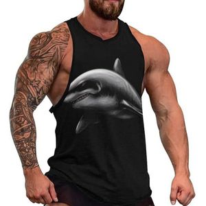 Grote witte haai op een zwarte tanktop voor heren, grafische mouwloze bodybuilding-T-shirts, casual strand-T-shirt, grappige sportschoolspier