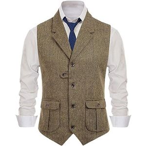 Heren Kostuum Vest Wollen Visgraat Vest Slim Fit Vest Dagelijks Zakelijk Formeel Bruin XXXL