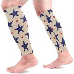 EZIOLY Patriottische blauwe rode sterren sport kalf compressie mouwen been compressie sokken kuitbeschermer voor hardlopen, fietsen, moederschap, reizen, verpleegkundigen