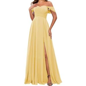 HPPEE Off-shoulder chiffon bruidsmeisjesjurken met split voor vrouwen mouwloze strapless avond formele jurk, Geel, 32