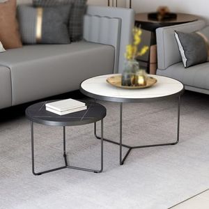 GEIRONV Ronde Nesttafel Set van 2, voor Woonkamer Balkon Kantoor Rock Board Salontafel met Stevig Metalen Frame Accent Eindtabel Nesttafel (Color : White black, Size : 60+80cm)