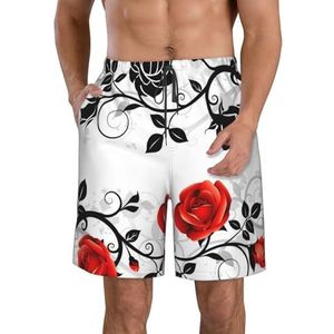 PHTZEZFC Bloemen roos met bladeren lente print heren strandshorts - lichtgewicht, sneldrogend trekkoord zwembroek met zakken, Wit, M