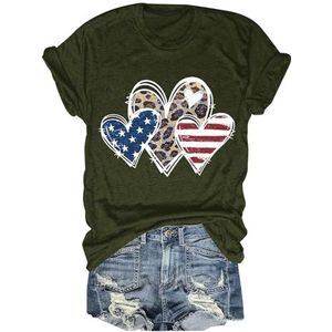 Luipaard Liefde Hart Amerikaanse Vlag Print Tees Shirt Voor Vrouwen Zomer Onafhankelijkheid Dag Gift T-Shirt Korte Mouw Tops, legergroen, XXL