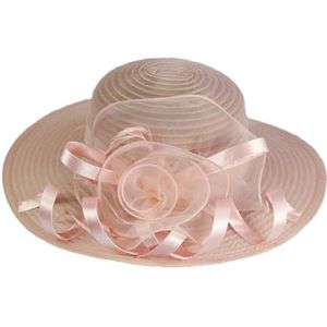 Elegante zomer organza zonnehoeden voor vrouwen brede rand met grote bloem Fedora hoed dames bruiloft kerk feest hoed, Beige, one size