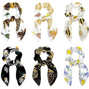 6 stuks haarscrunchies - gekleurde gegraveerde bijenhaar sjaal scrunchy met lint strik, elastische haarbanden paardenstaarthouders voor vrouwen, tienermeisjes