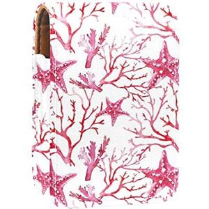 Make-up Lipstick Case voor Buiten Roze Aquarel Koraal Zeester Patroon Draagbare Lippenstift Organizer met Spiegel Dames Mini Make-up Tas Neemt Tot 3 Lippenstift
