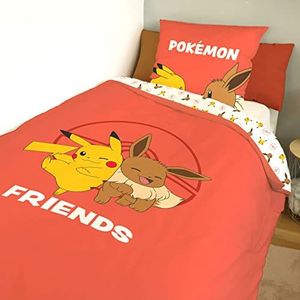 SAHINLER créateur d'univers Pokemon - Dekbedovertrek Pikachu Evoli 140 x 200 cm + 1 kussensloop 63 x 63 cm - 100% katoen - koraalroze, (22070299A)
