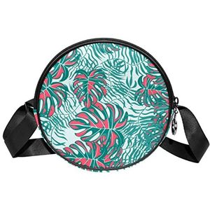 Ronde Crossbody Tas Messenger Bag Purse voor Vrouwen Roze Tropische Bladeren Bloemenprint, Meerkleurig, 6.7x6.7x2.3 in, Sling Rugzakken