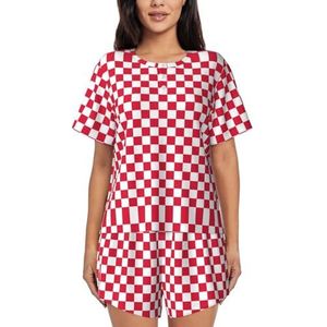 RIVETECH Rood-witte print dames pyjama met korte mouwen - comfortabele korte sets, mouwen nachtkleding met zakken, Zwart, S