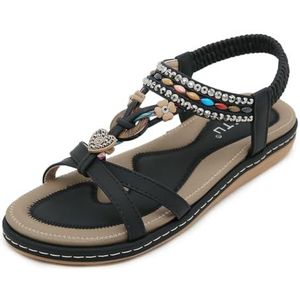EFLALYHG Casual Bohemian strandsandalen met boogondersteuning zomerstrandsandalen enkelbandjes slippers open teen met juwelen versierde platte sandalen,zwart,36 EU