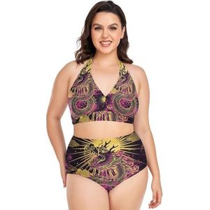 Leuke Chinese Tekening Draak Vrouwen Bikini Sets Plus Size Badpak Twee Stukken Hoge Taille Strandkleding Meisjes Badpakken, Pop Mode, 4XL