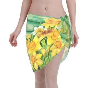 Gele narcissen bloemen print elegante strandwrap, bikini cover-up, badmode jurk, voor vrouwen, perfect voor zwembad en resort, Zwart, one size