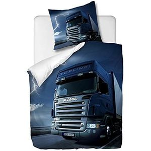 OliveSleep 2-delige beddengoedset met dekbedovertrek en kussensloop, blauwe vrachtwagen, 140 x 200 cm / 65 x 65 cm x 1, multi 10