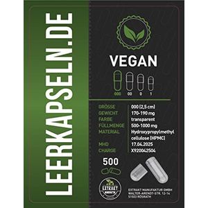 HPMC lege capsules, 500 stuks, maat 000, capsules zijn verbonden, caps met grote inhoud, transparant, veganistisch, vegetarisch, om te vullen voor natuurlijke supplementen (aantal stuks, 500)