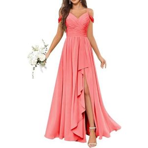 Chiffon bruidsmeisjesjurken voor dames, met split, lange baljurken, cocktailjurken, grote maten, Koraal, 32