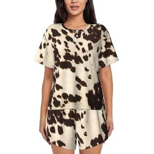 RIVETECH Bruine pyjamaset met koeienhuidprint voor dames met korte mouwen - comfortabele korte sets, nachtkleding met zakken, Zwart, S
