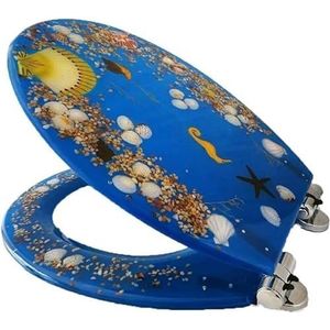 Toiletbril, wc-bril, wc-deksel, 3D zeestereffecten schelpen en zandstoelen, softclose-up met top fix-fittingen voor U/V/O, blauw (blauw)